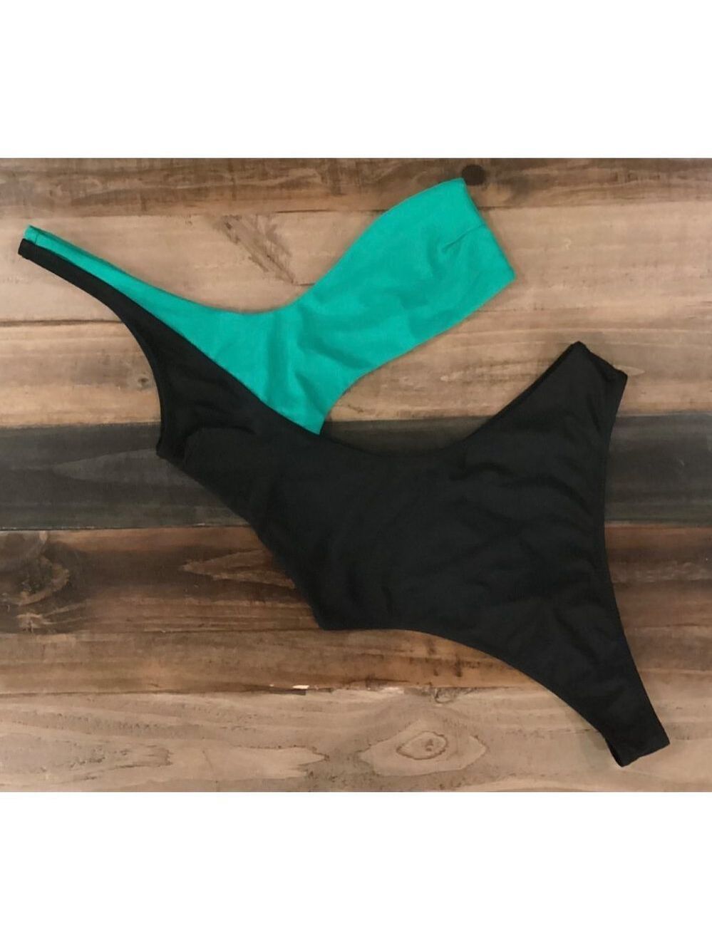 𝅺Kendall And Kylie Black And Green Bandeau One Piece Swimsuit Size XL - Picture 5 of 9
